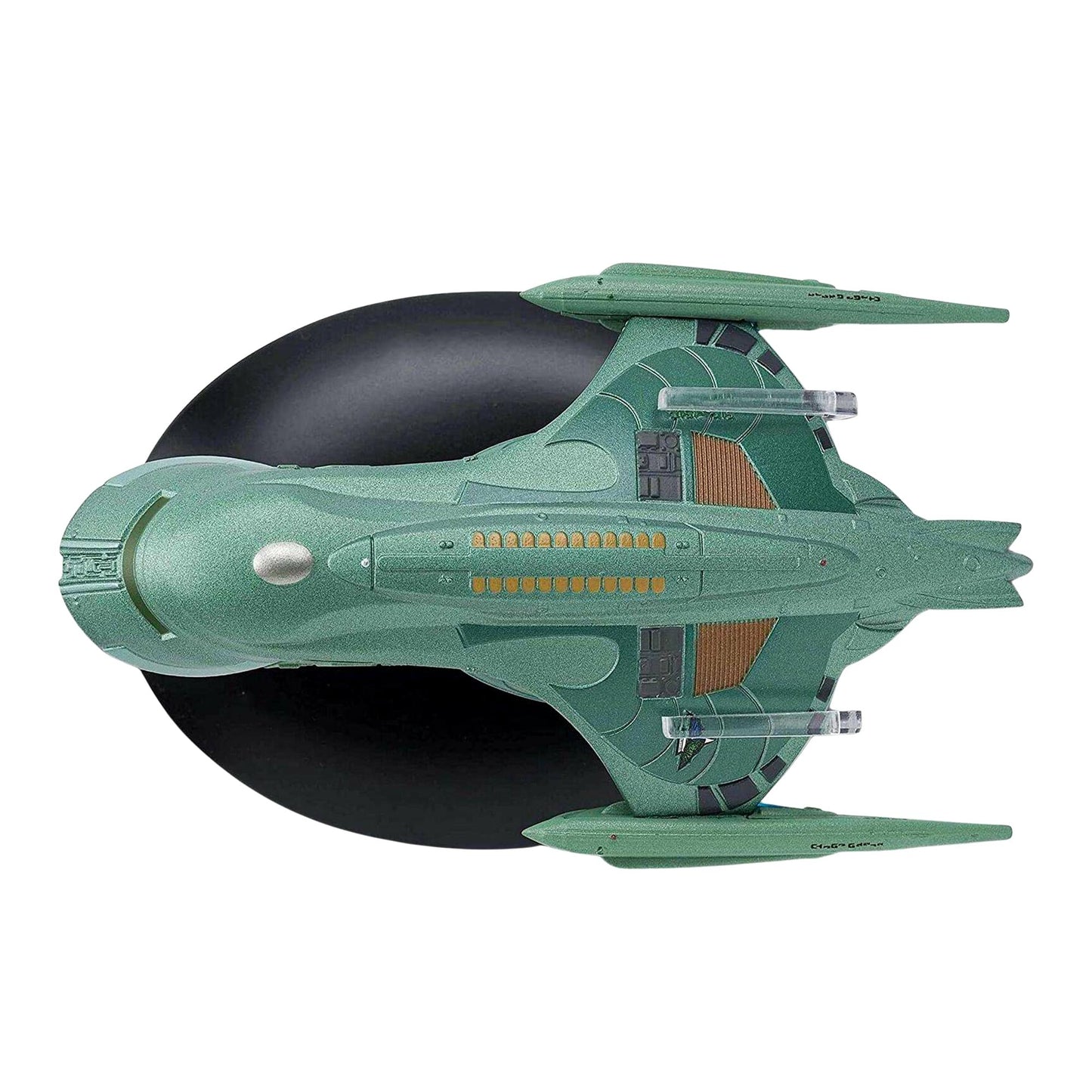 Close-up side profile shot showcasing the warp nacelles and Romulan design insignia on the miniature replica