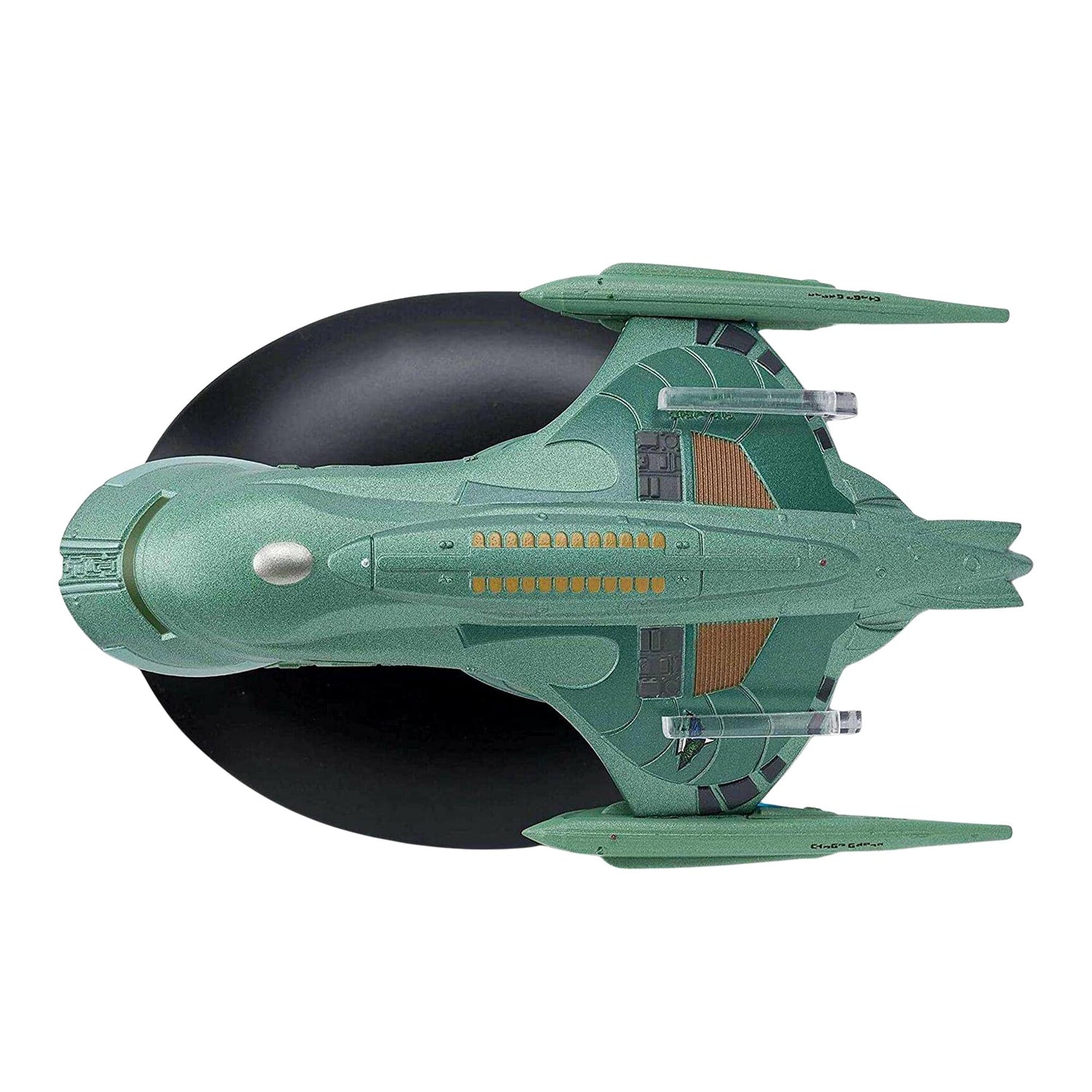 Close-up side profile shot showcasing the warp nacelles and Romulan design insignia on the miniature replica