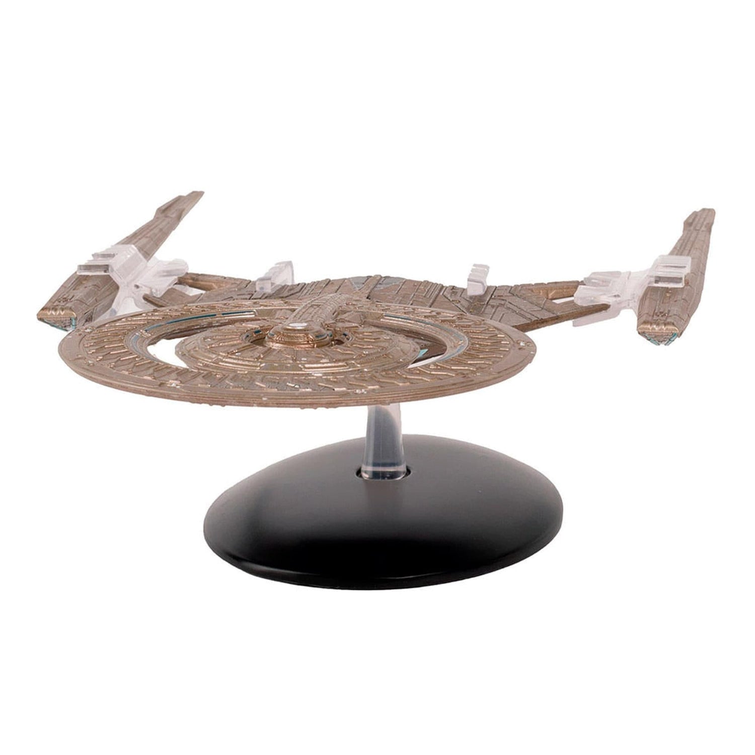 Angle view of the U.S.S. Discovery NCC-1031-A starship replica resting on its display stand