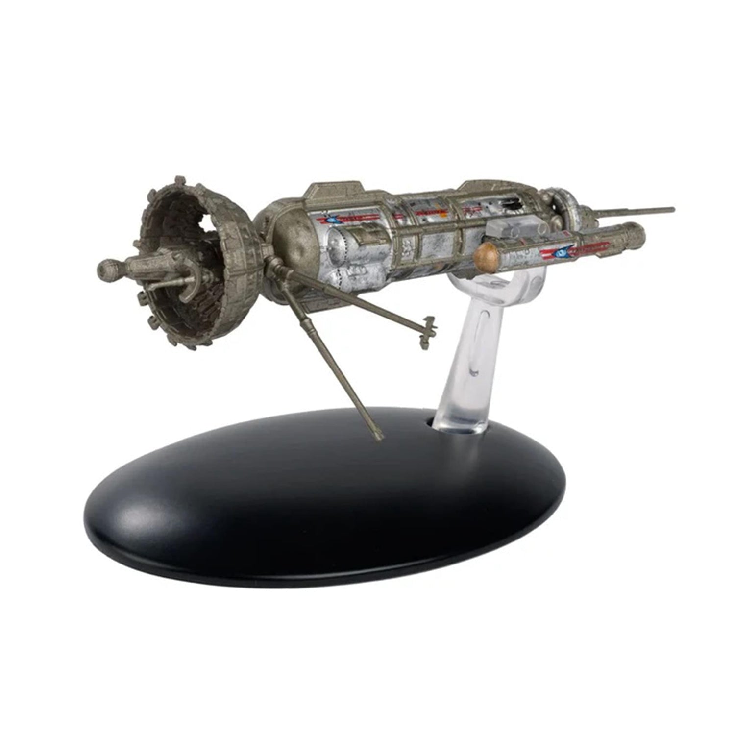 Angle view of the Star Trek Friendship One die-cast ship replica showcasing its detailed hull and array structures
