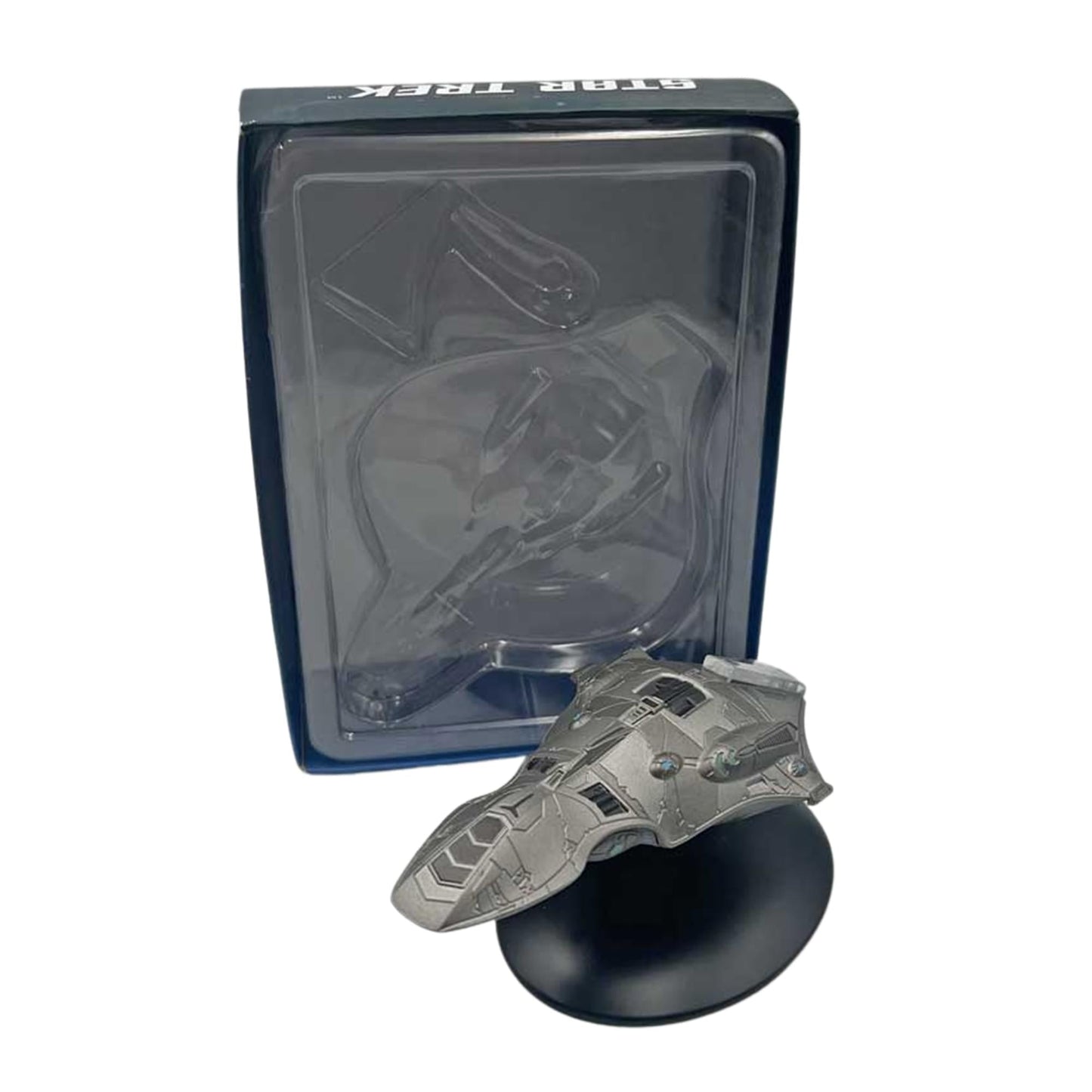 Packaged starship replica box showing official Star Trek branding and collectible window display