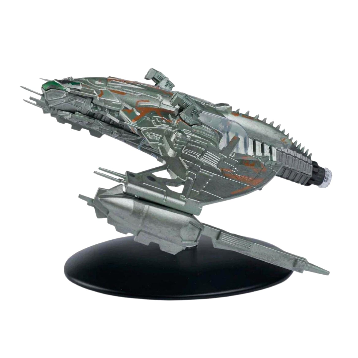 Profile side view of the Klingon D5 Bird of Prey model mounted on a display stand
