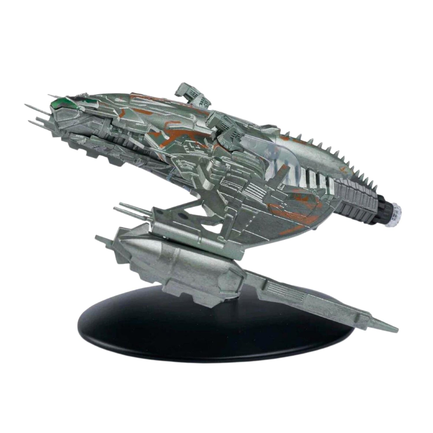 Profile side view of the Klingon D5 Bird of Prey model mounted on a display stand