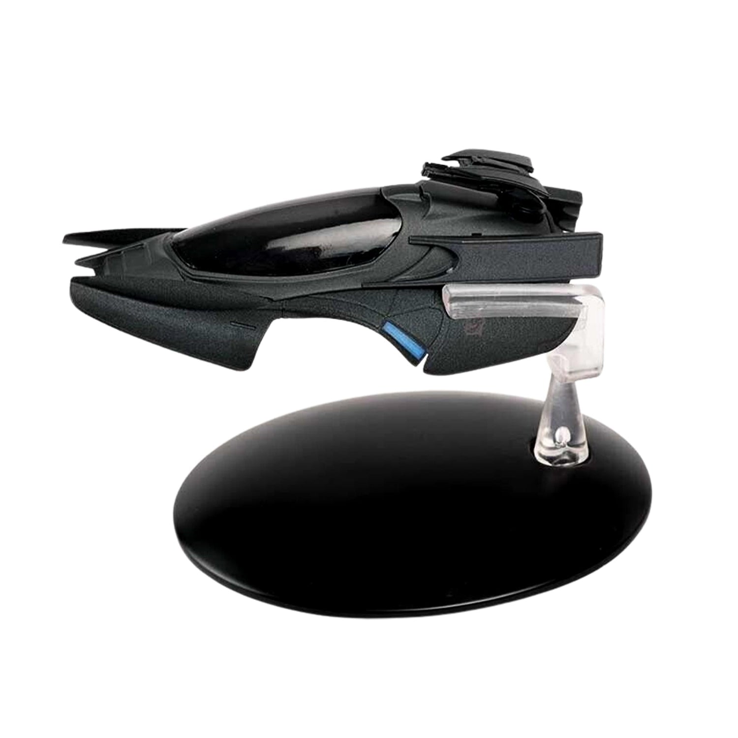 Front three-quarter view of the Reman Scorpion starship replica showing its sleek angled hull