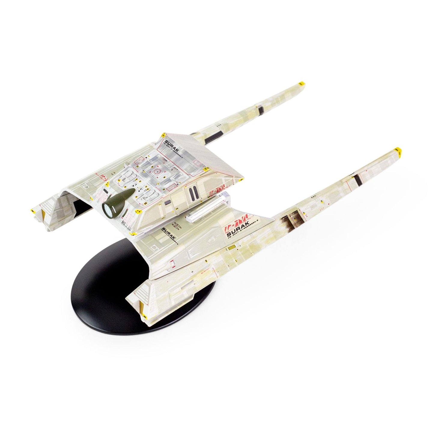 Front three-quarter view of the Eaglemoss Vulcan Long Range Shuttle replica resting on a display base