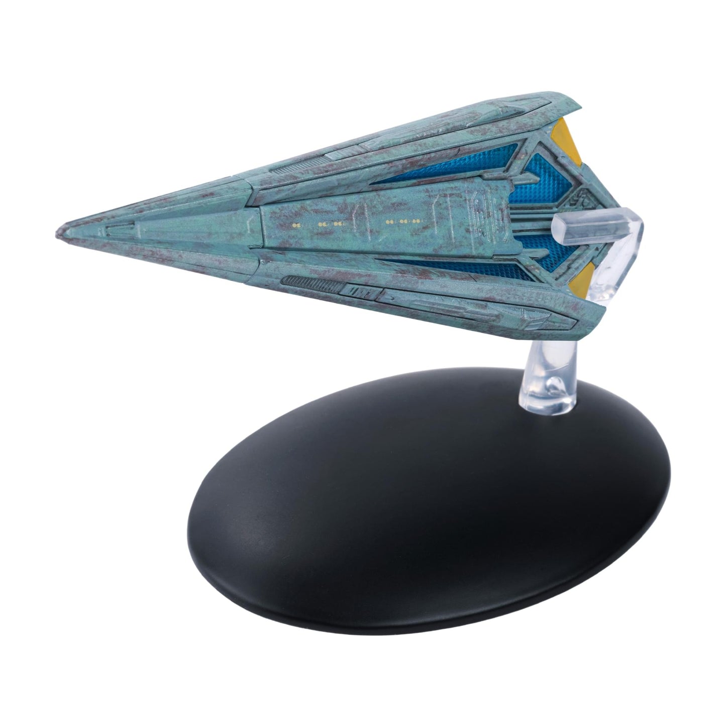 Profile view of the Tholian Starship collectible model resting on its display stand