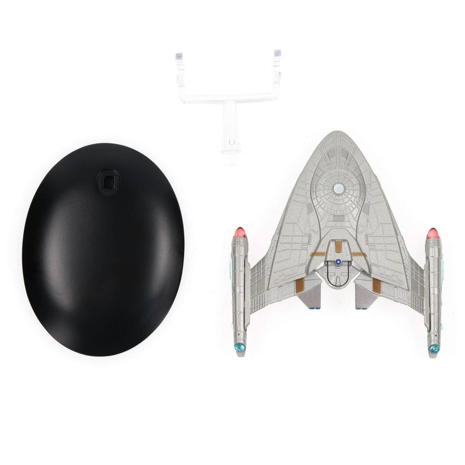 Rear view of the collectible starship highlighting warp nacelle construction