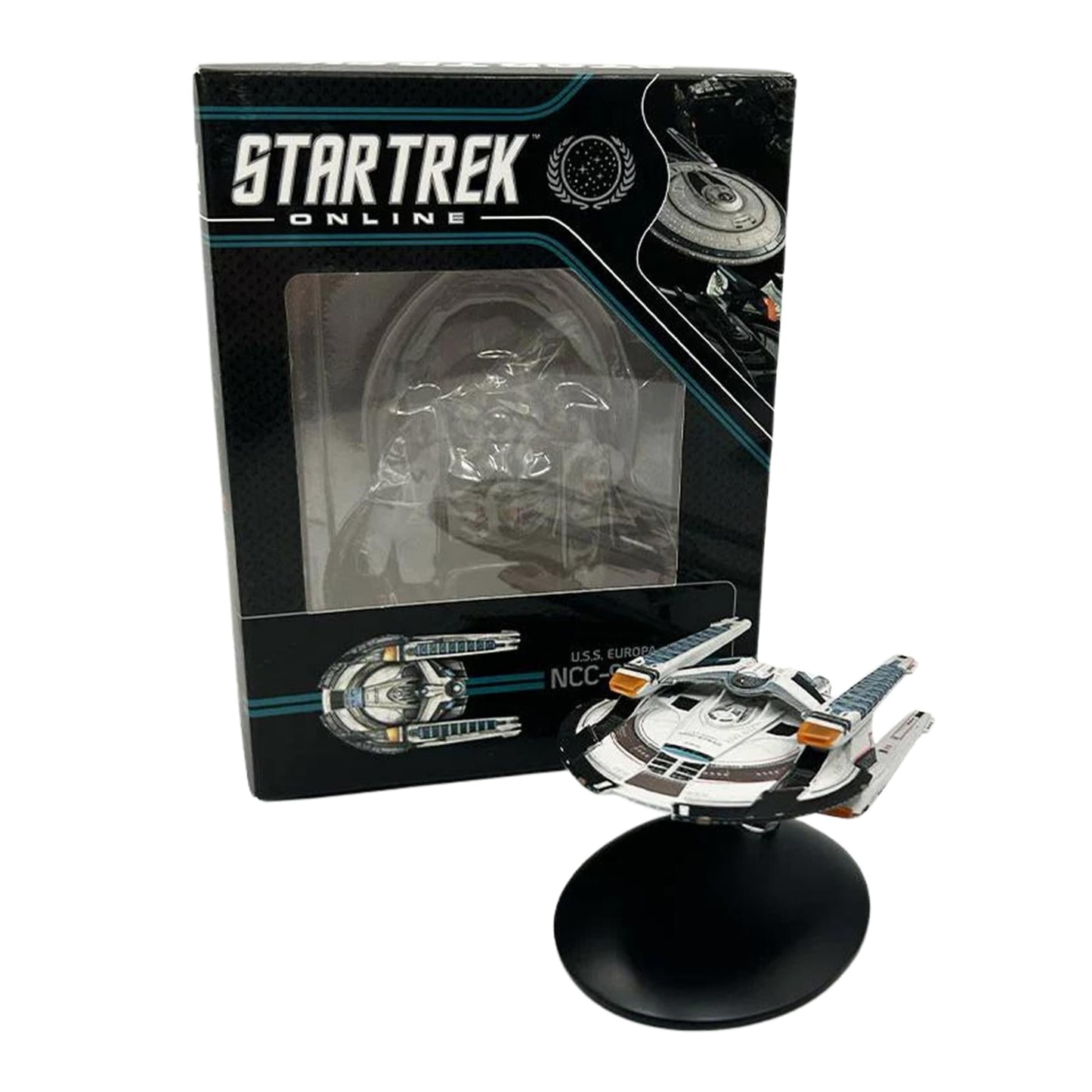 Packaging box featuring official Star Trek branding and window display for the U.S.S. Europa model