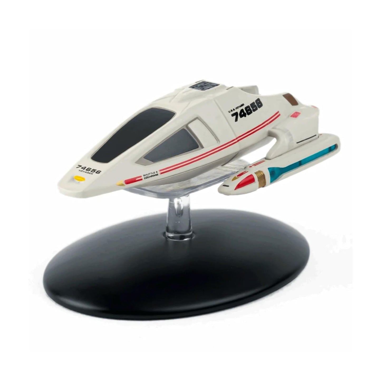 Die-cast Star Trek Shuttlecraft Cochrane model viewed from the front quarter, showcasing its aerodynamic gray hull and Starfleet registry markings