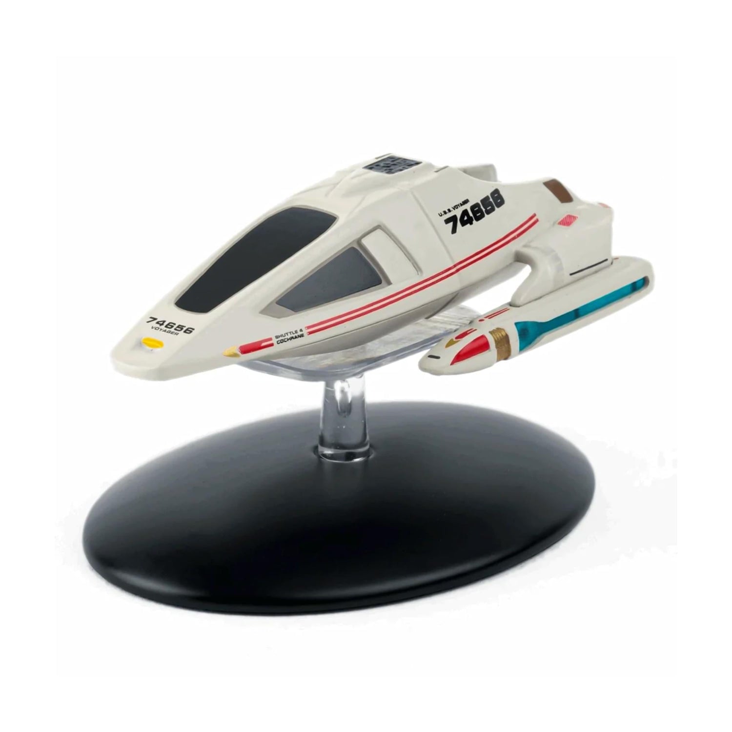 Die-cast Star Trek Shuttlecraft Cochrane model viewed from the front quarter, showcasing its aerodynamic gray hull and Starfleet registry markings
