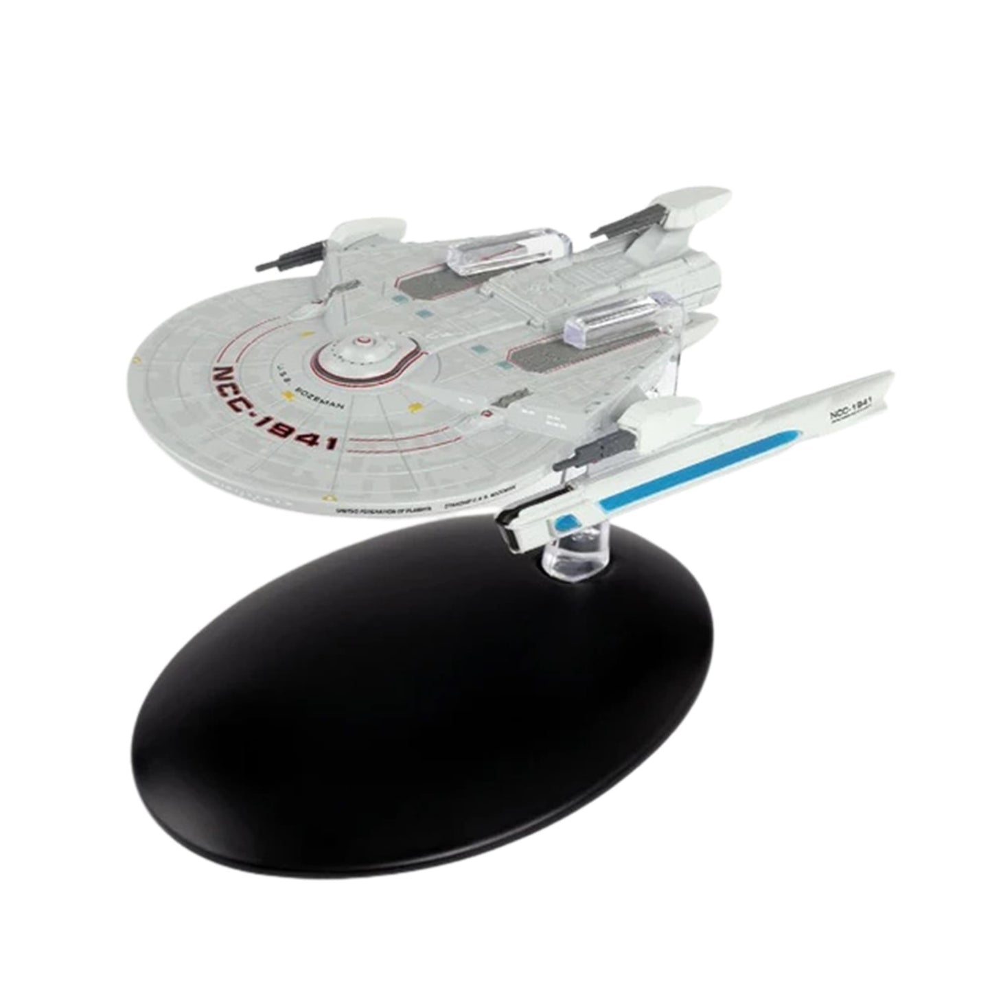 Eaglemoss Star Trek starship replica of the Starfleet Bozeman shown in its collector packaging box