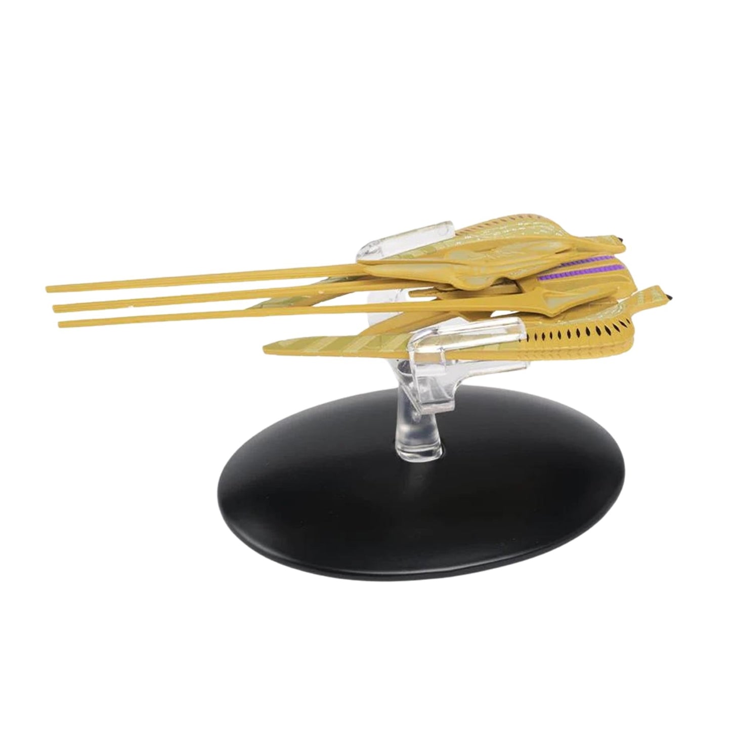 Front quarter view of the Xindi Reptilian starship replica showing its dagger-like hull design