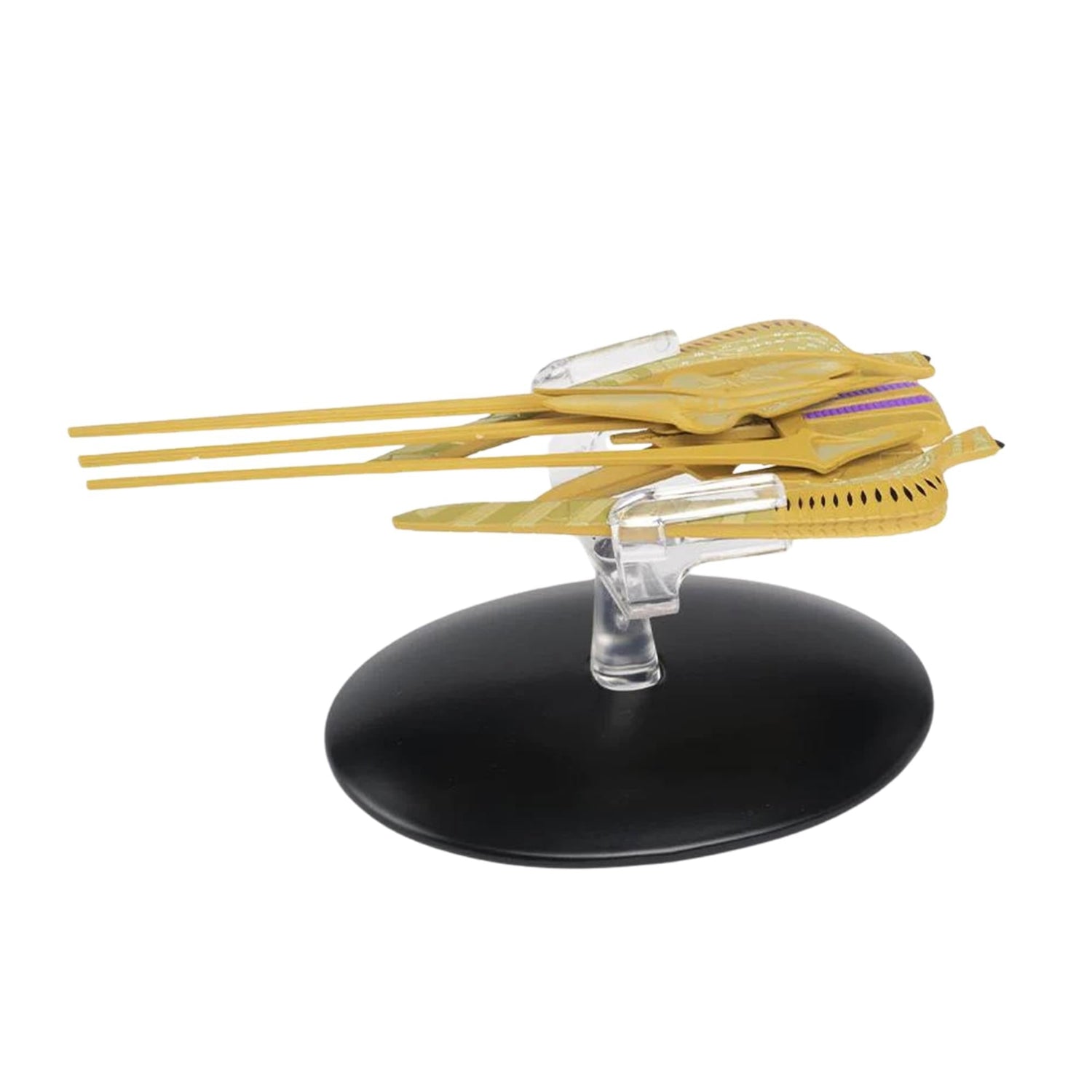 Front quarter view of the Xindi Reptilian starship replica showing its dagger-like hull design