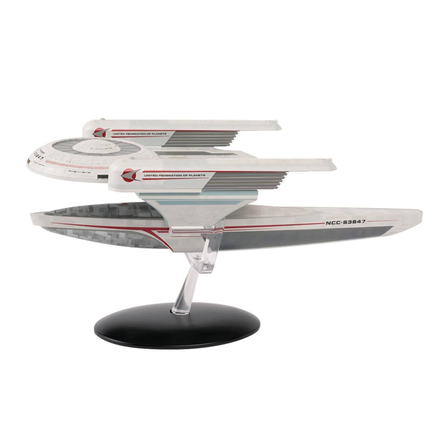 Top-down view of the U.S.S. Pegasus die-cast model highlighting the detailed saucer section and propulsion nacelles