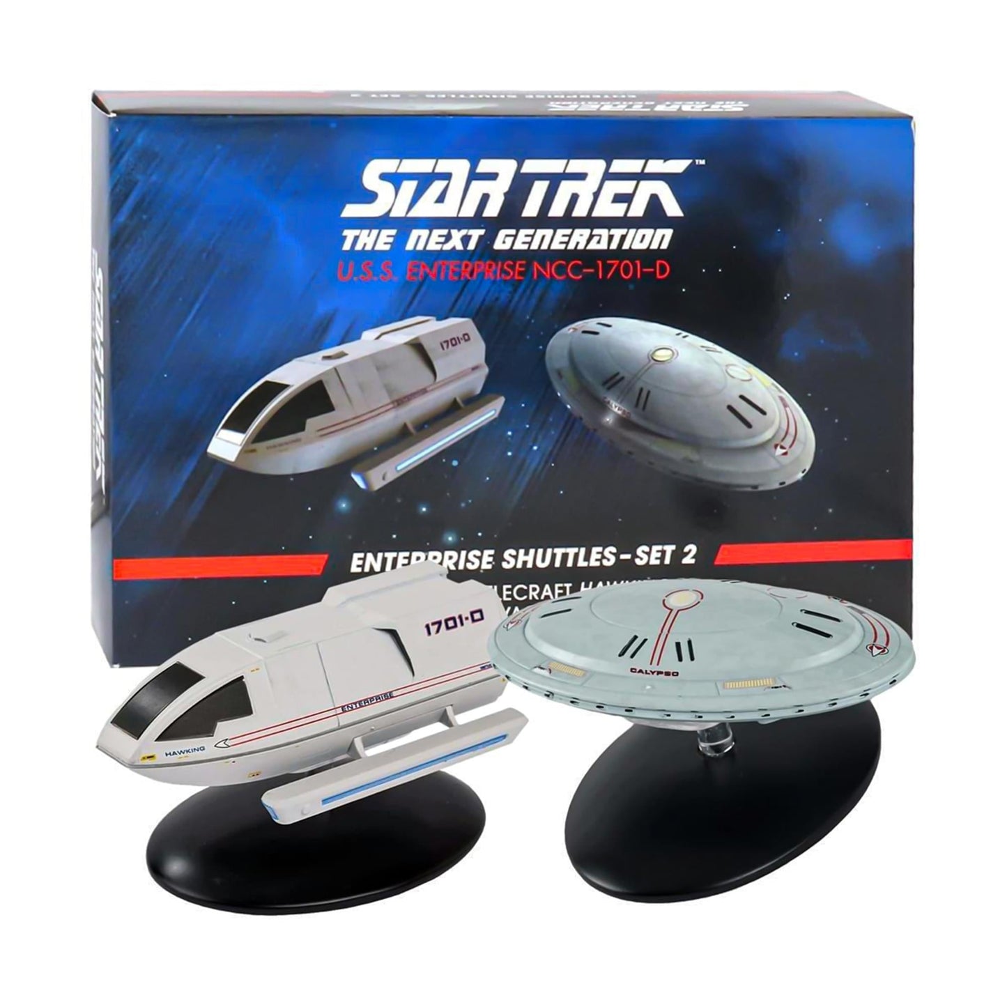 Front three-quarters angle view of the Star Trek Shuttlecraft Yacht Calypso die-cast replica resting on its display stand