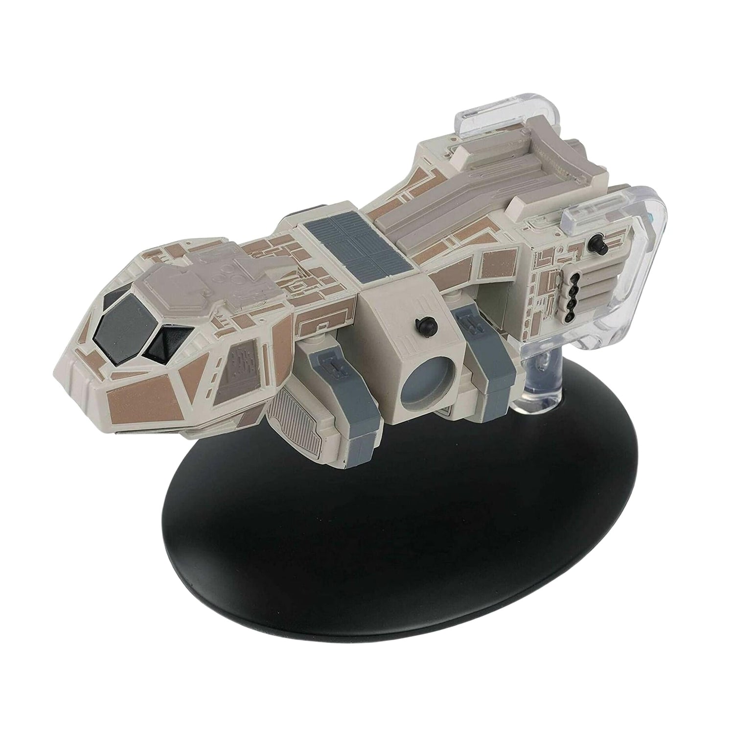 Die-cast model of Neelix's ship the Baxial angled from the front, showcasing its unique multi-section hull design