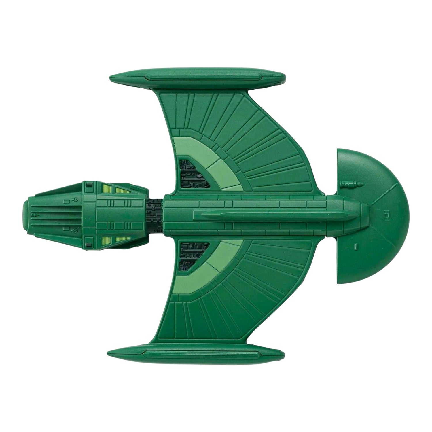 Romulan science vessel model displayed on its branded collector stand against a dark background