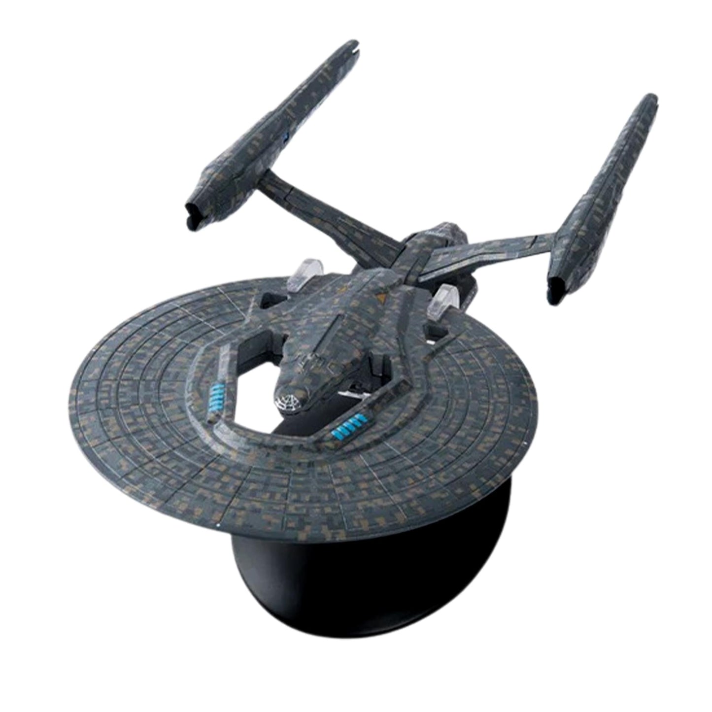 Side profile view of the USS Vengeance starship resting on its display base