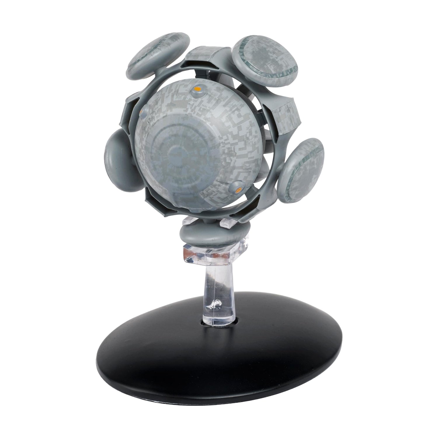 Three-quarter angle view of the Eaglemoss Eymorg Vessel starship model resting on its display stand against a neutral background
