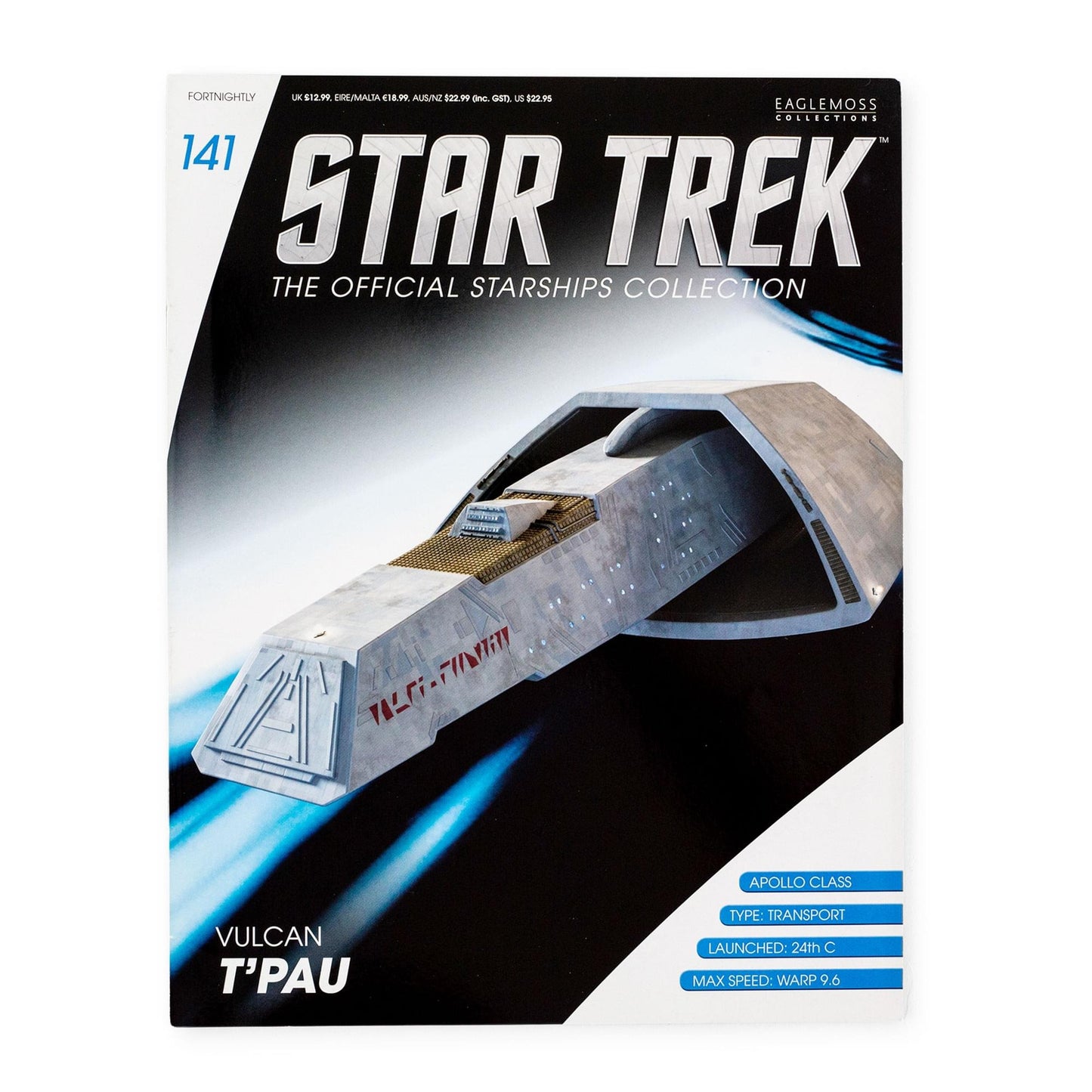 Front cover of the Star Trek magazine featuring an official illustration of the T'Pau Vulcan Apollo transport in space