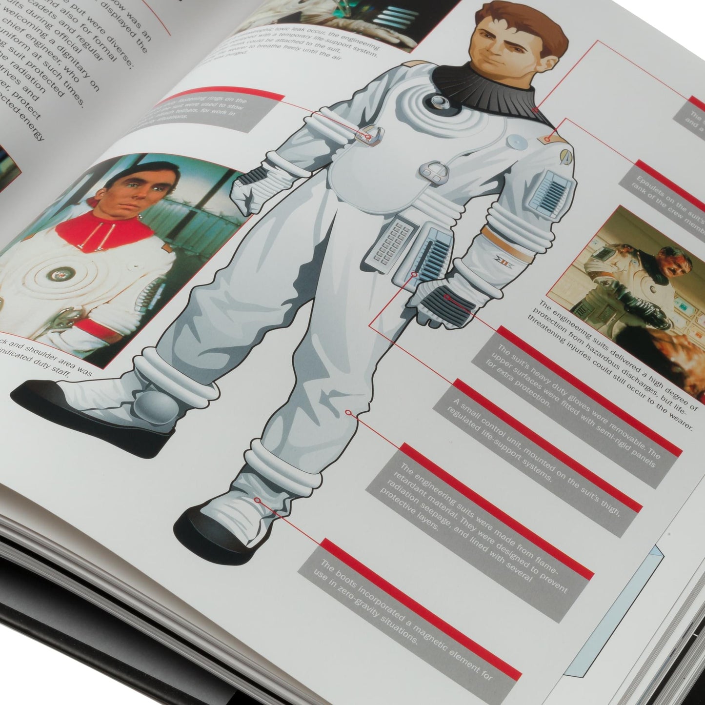 Close-up of a book page featuring Starfleet equipment and uniform insignia illustrations