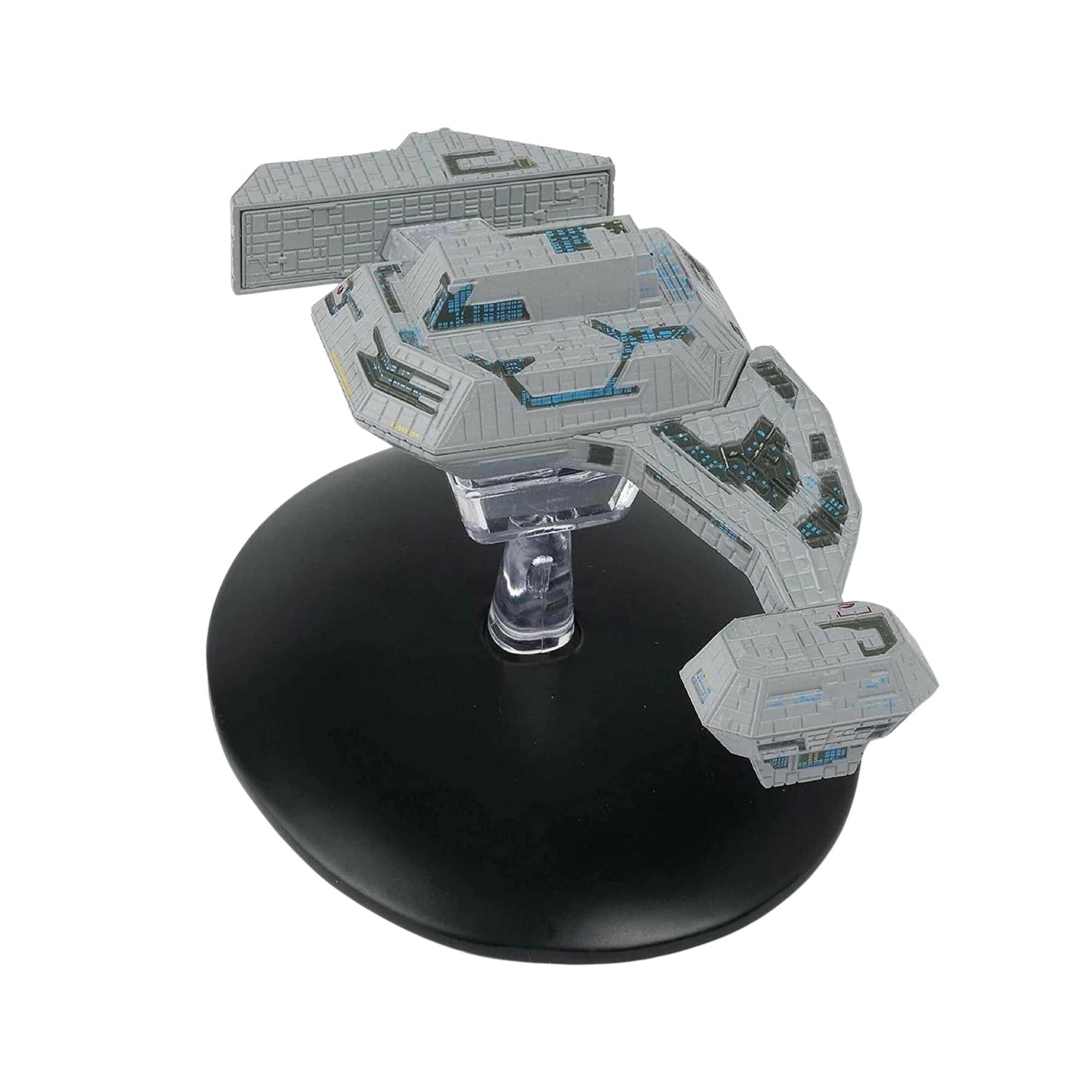 Rear view of the Borg starship replica, displaying the complex lattice structure and propulsion components.