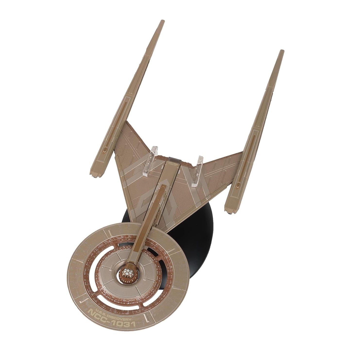 Rear view of the starship replica displaying the specialized propulsion ring and warp nacelles