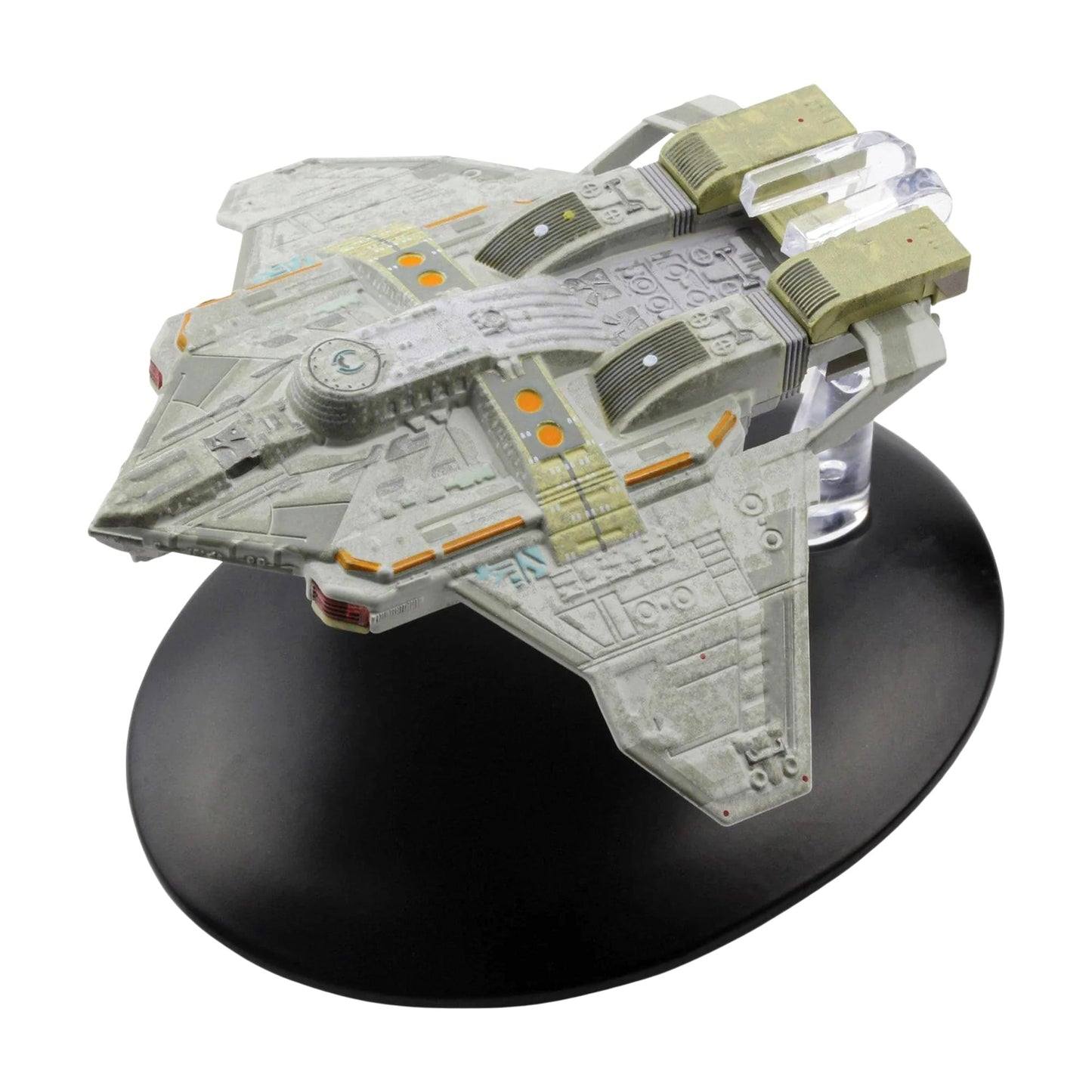 Rear profile of the Nightingale starship replica highlighting its impulse engines and warp nacelle configuration