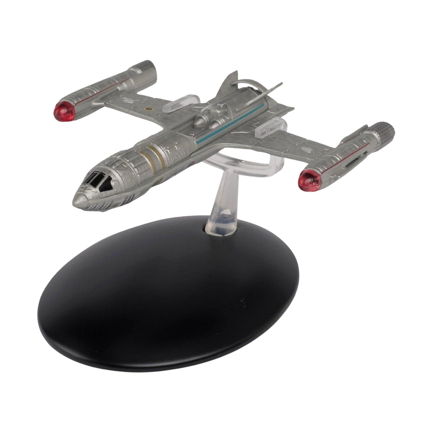 Eaglemoss Star Trek die-cast replica of the NX Alpha Prototype shown angled on its display stand