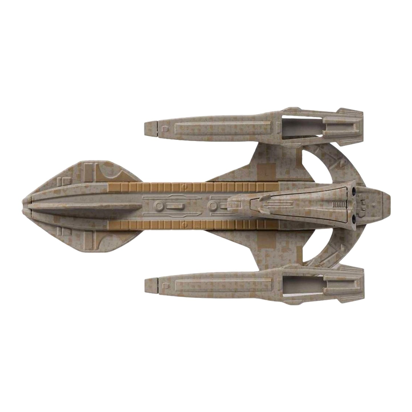 The Karemma Starship replica mounted on its official display stand against a neutral background
