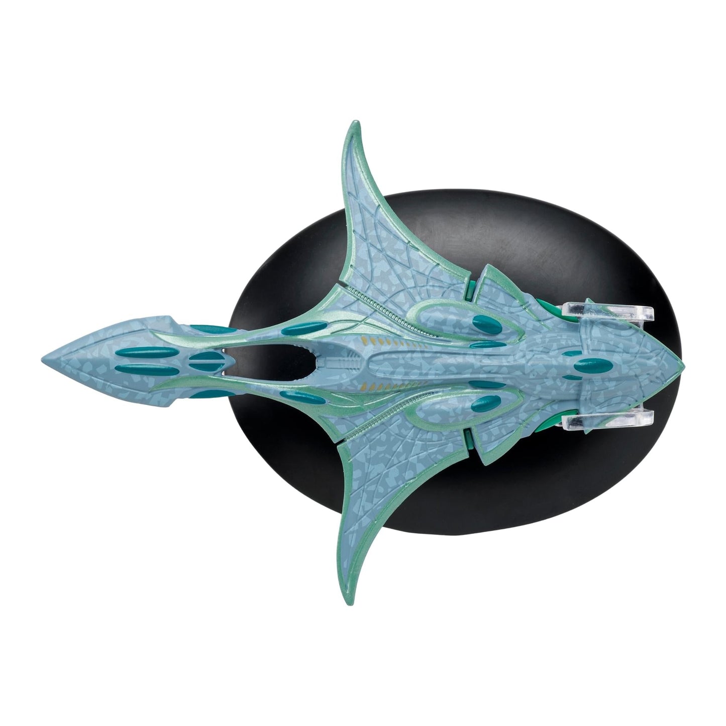 Angled perspective shot emphasizing the massive scale and unique aerodynamic curves of the starship model