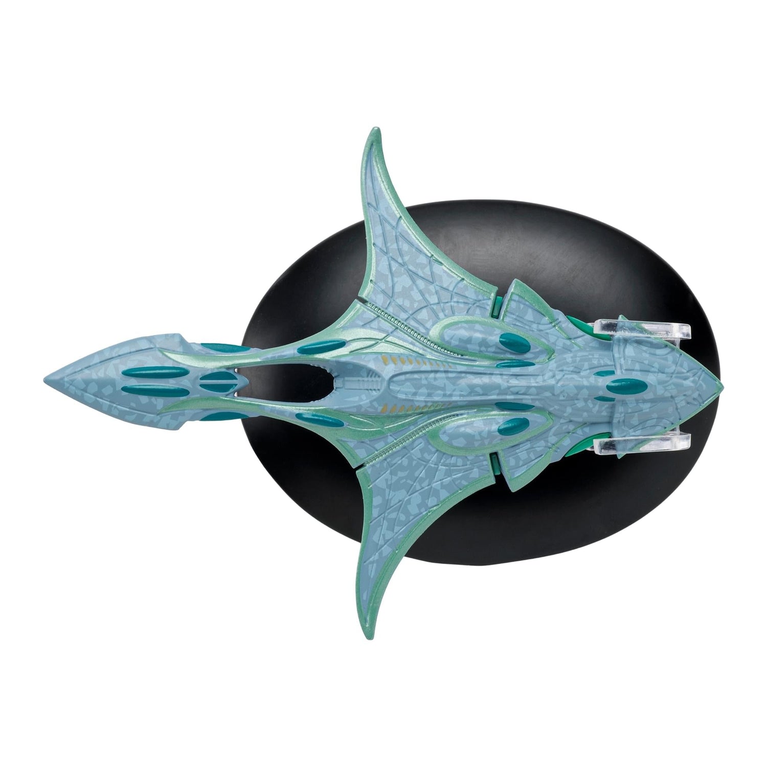 Angled perspective shot emphasizing the massive scale and unique aerodynamic curves of the starship model