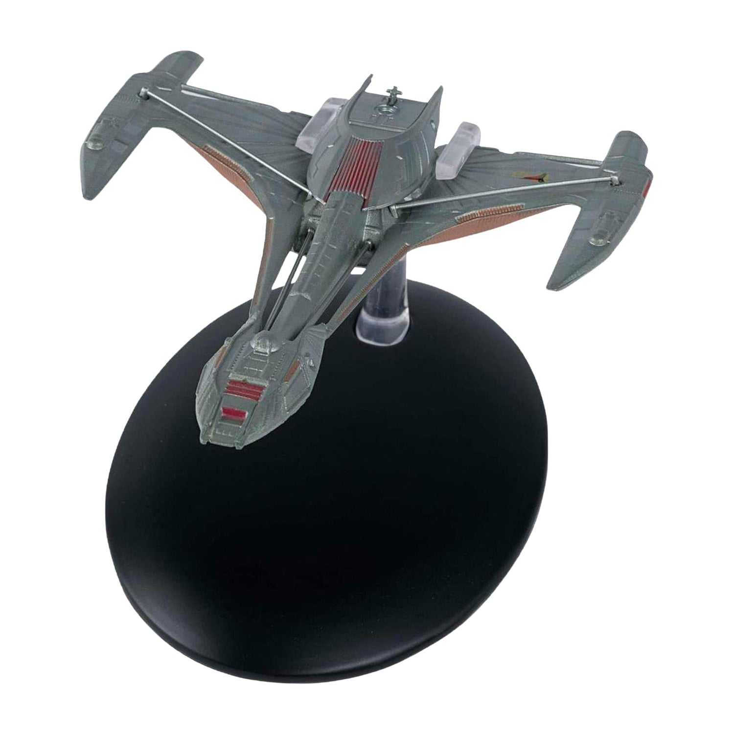 Profile view of the Klingon Raptor starship mounted for display, showcasing its aerodynamic warship silhouette