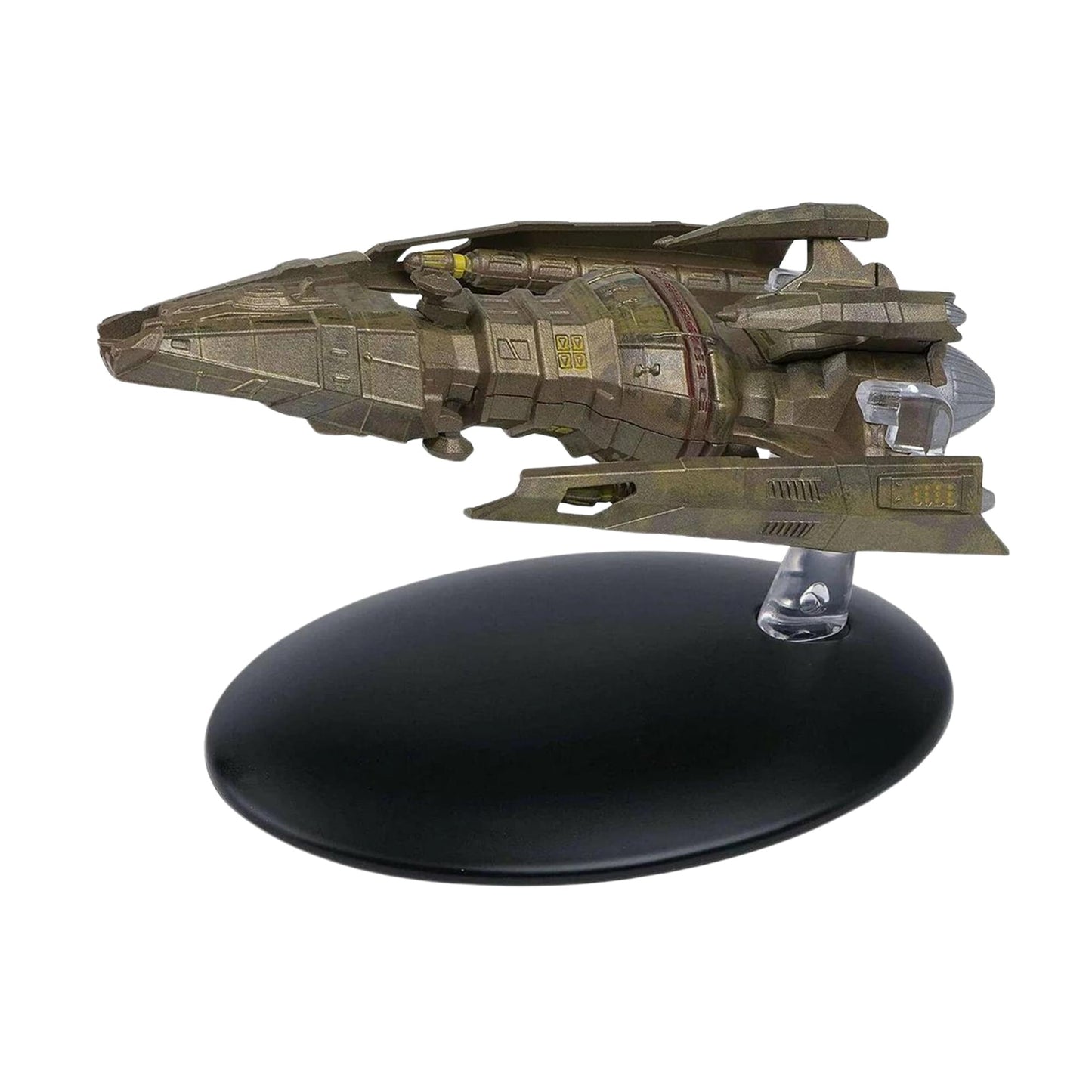 Front three-quarters angle view of the Hirogen Hunter starship replica showing its elongated, rugged hull design