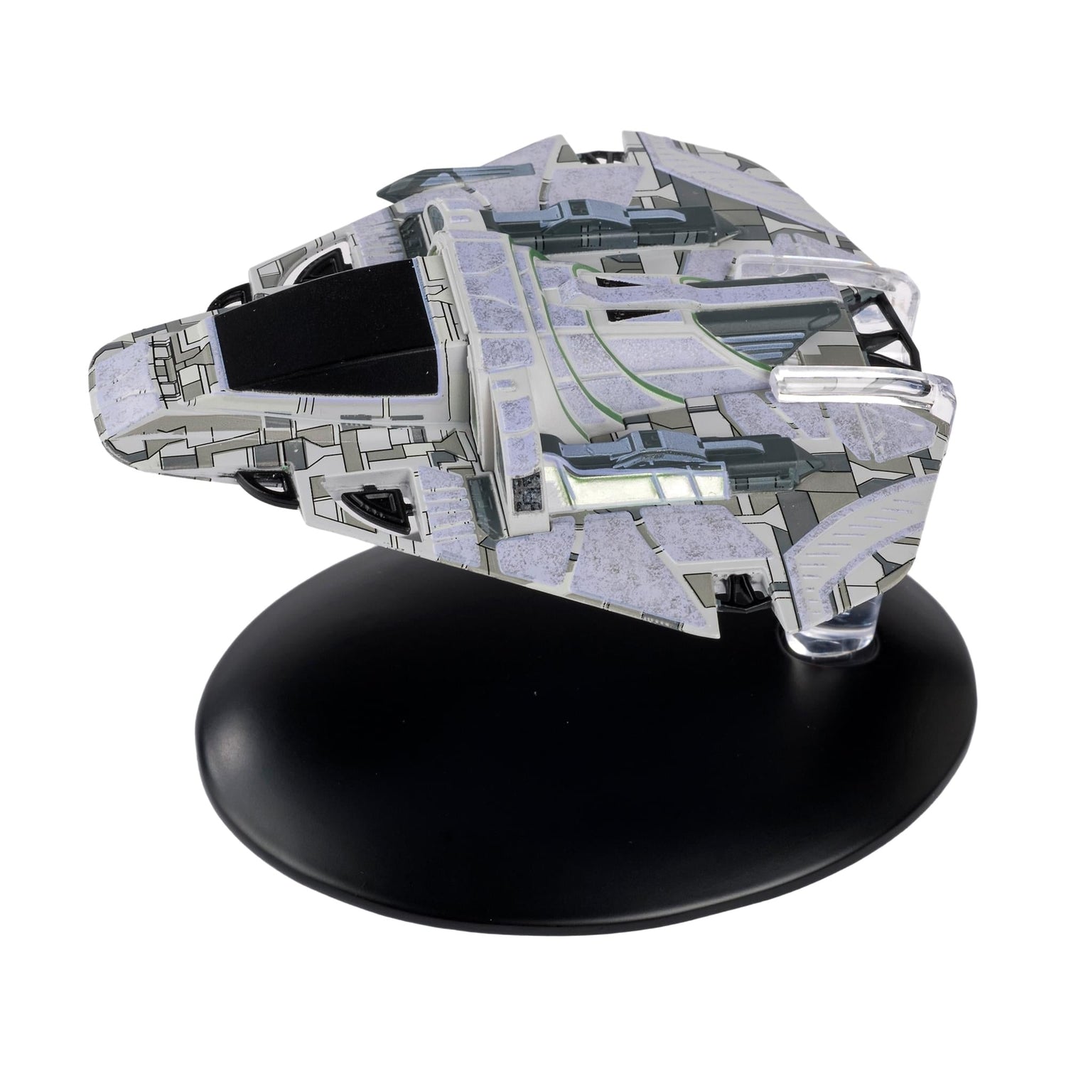 Front three-quarters angle of the B'omar patrol ship model showing hull details and weapon emplacements