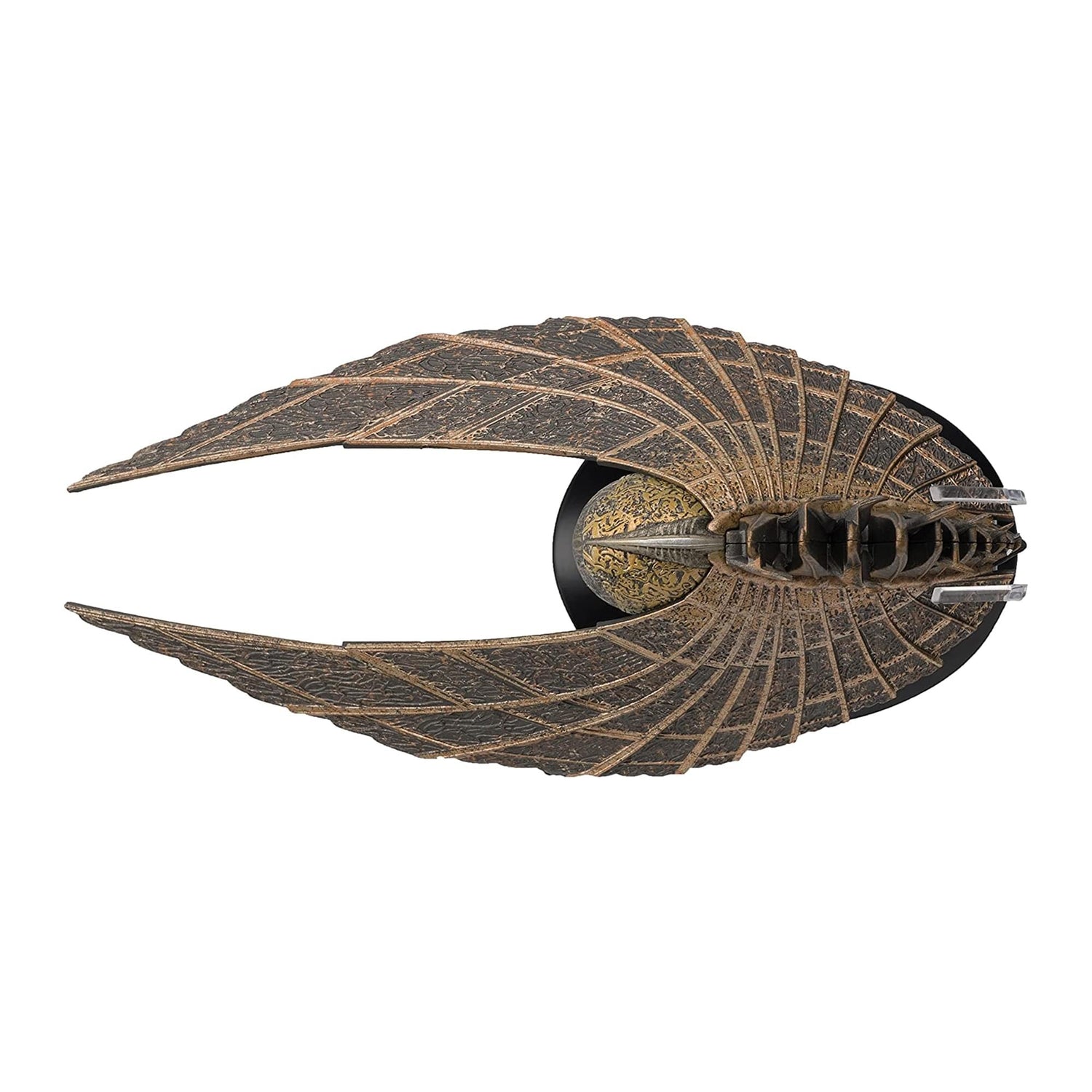 Side profile view of the 8 to 10-inch long starship replica showing its unique geometric structure