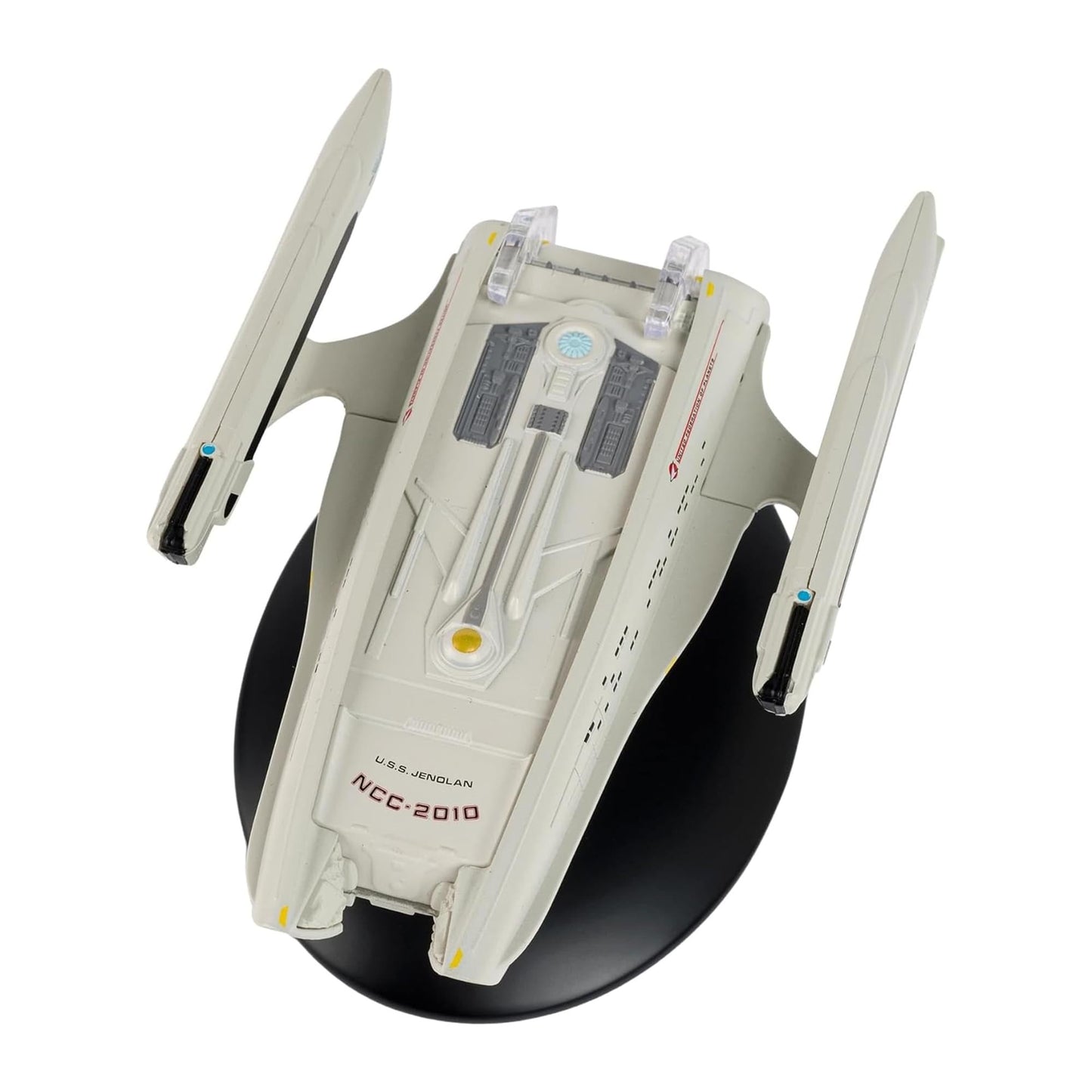 Underside view of the die-cast U.S.S. Jenolen replica featuring authentic Starfleet registry text