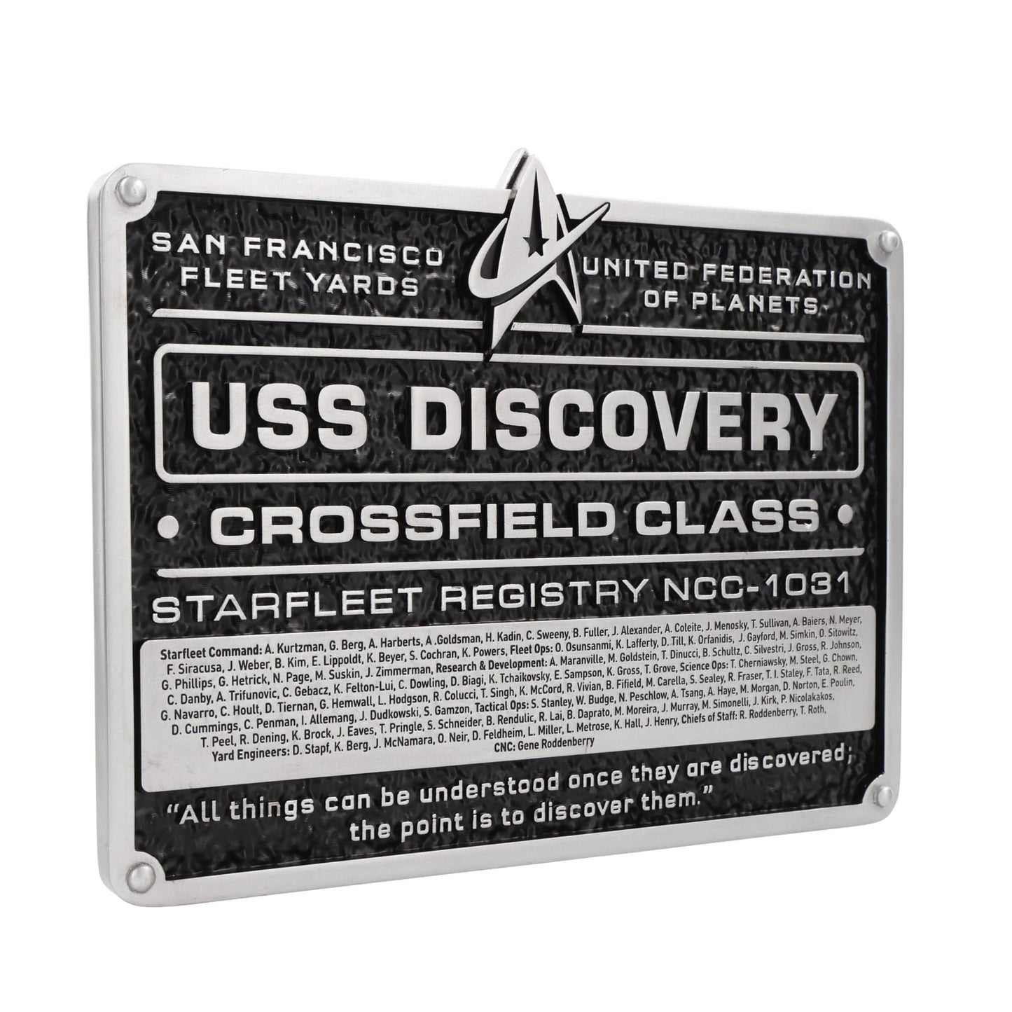 Close-up detail of the Starfleet insignia and NCC-1031 vessel registry on the Eaglemoss plaque