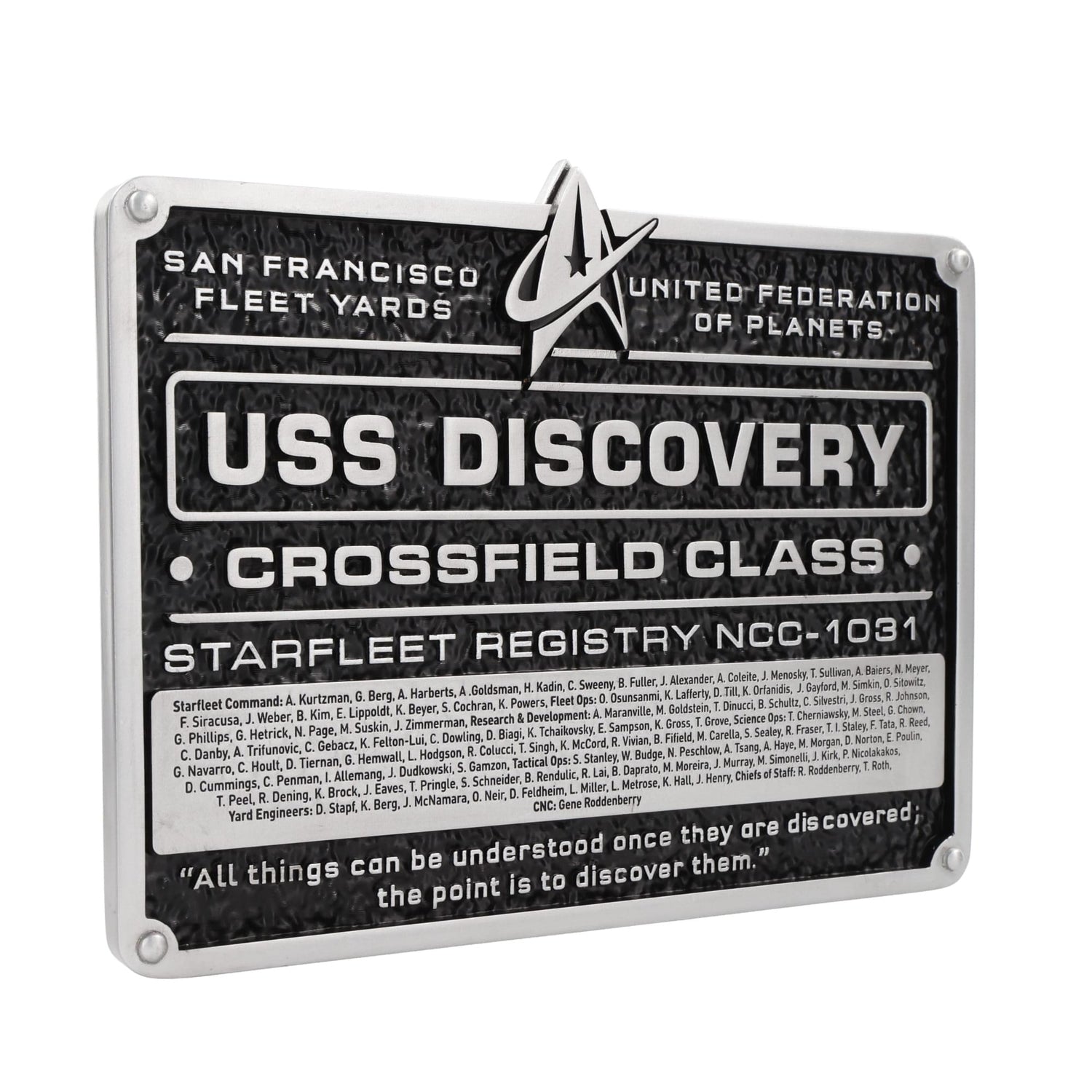 Close-up detail of the Starfleet insignia and NCC-1031 vessel registry on the Eaglemoss plaque
