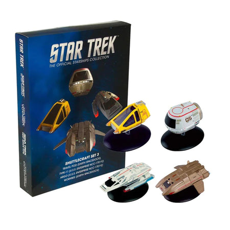 Close-up of the Star Trek Travel Pod die-cast model with detailed grey hull and window markings