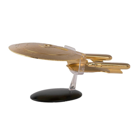 Top-down view of the gold-plated saucer section and hull details of the USS Enterprise model