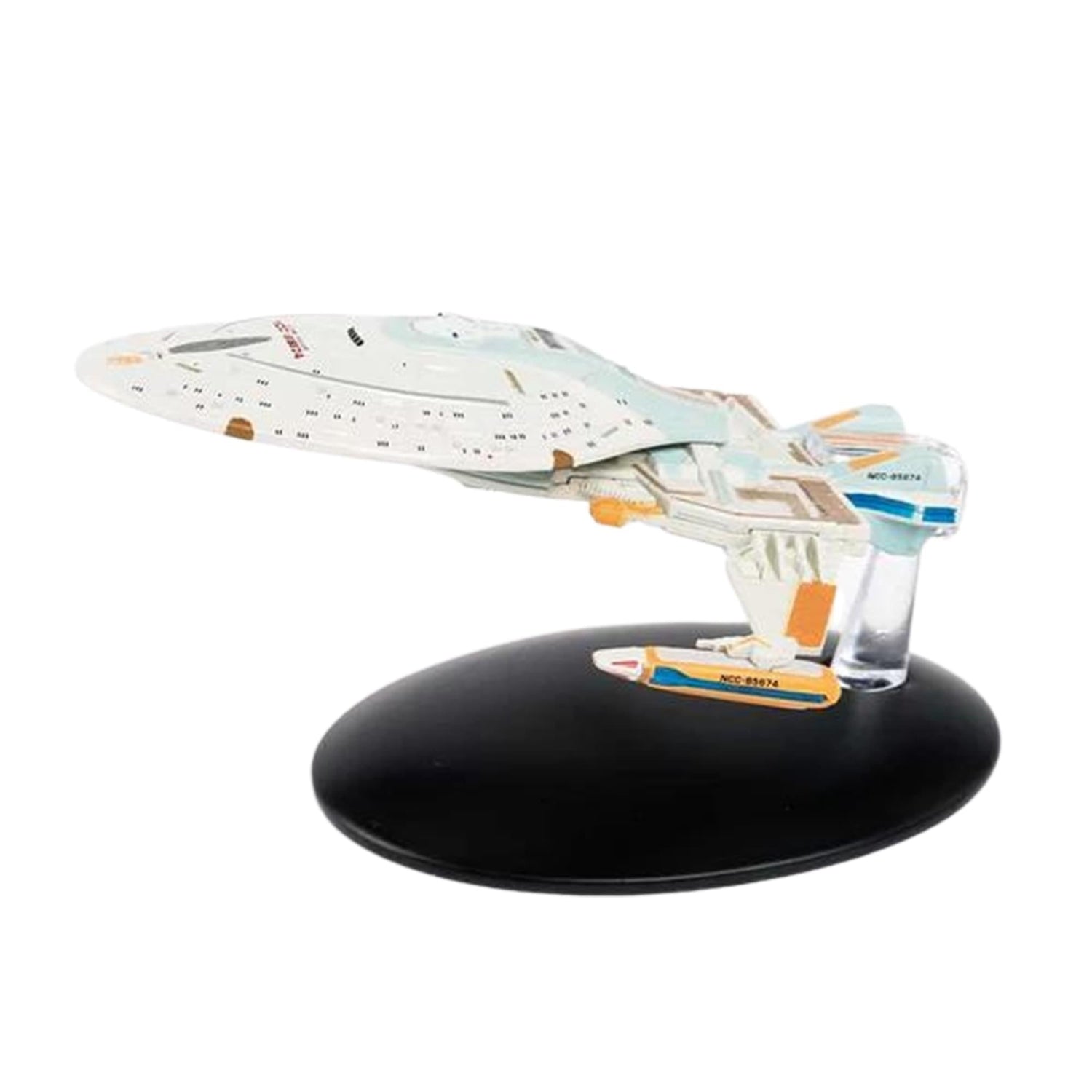Side profile view showing the warp nacelles and saucer section of the Star Trek collectible