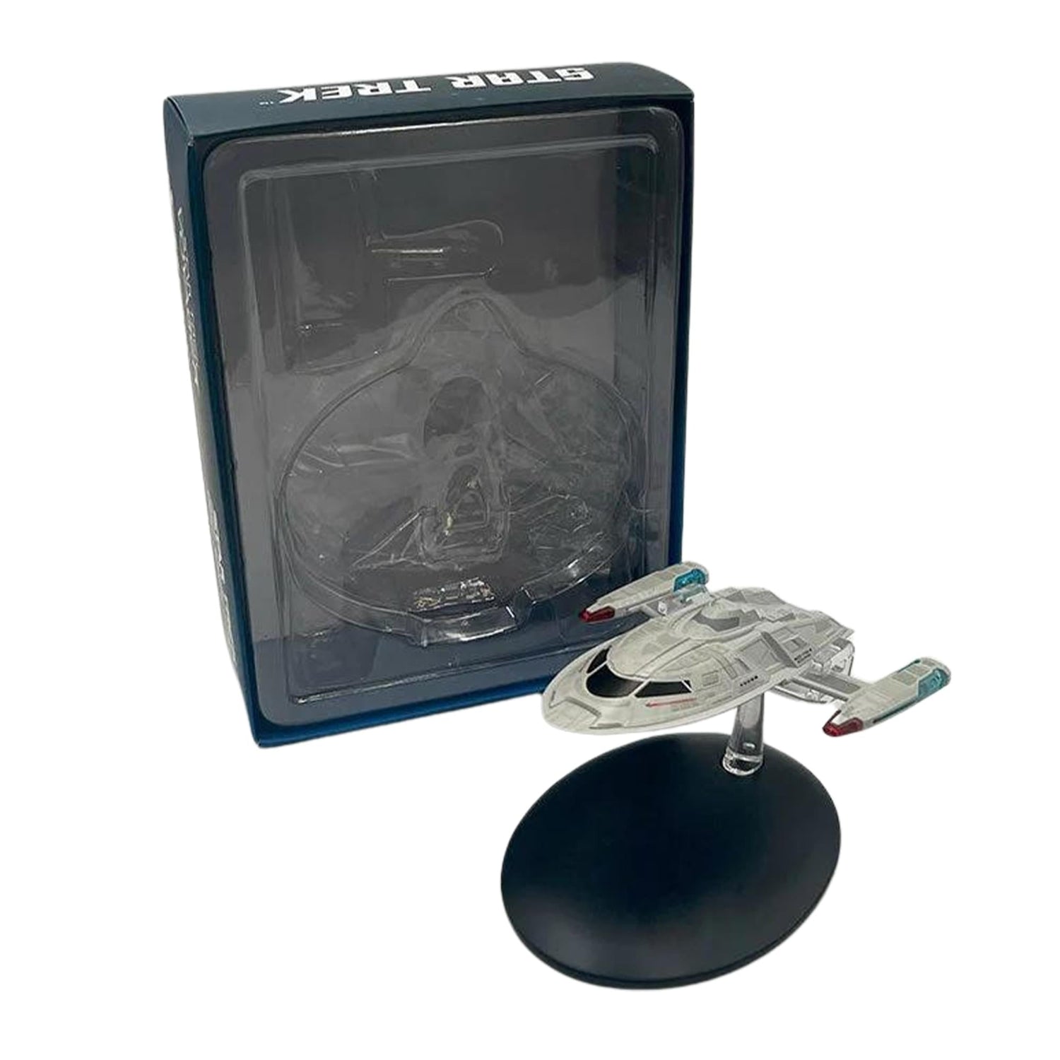 Complete Star Trek Enterprise-E Captain Yacht replica presented alongside its official collector packaging