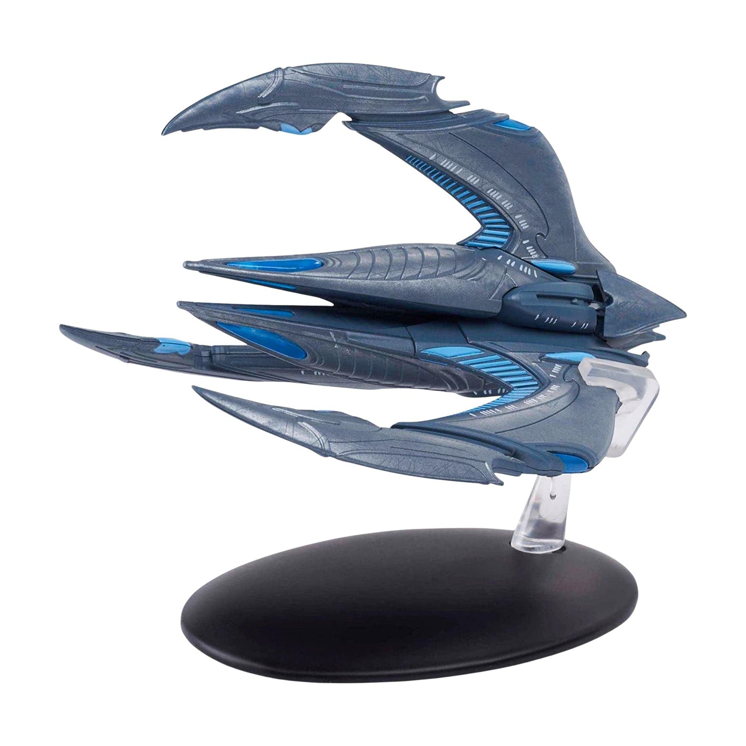 Side profile of the Xindi starship replica displaying its aggressive insectoid aesthetic and sleek metallic finish