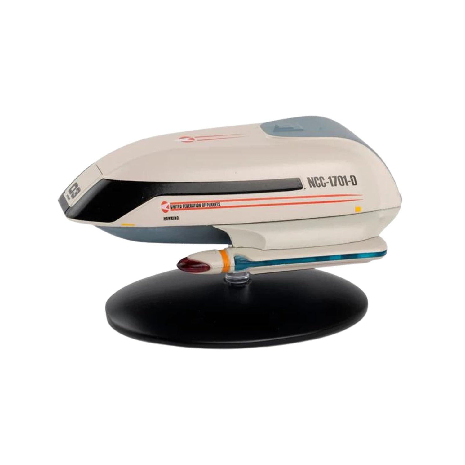 Die-cast Star Trek Type-7 Shuttlecraft model viewed from the front quarter, showing hull plating and Starfleet registry