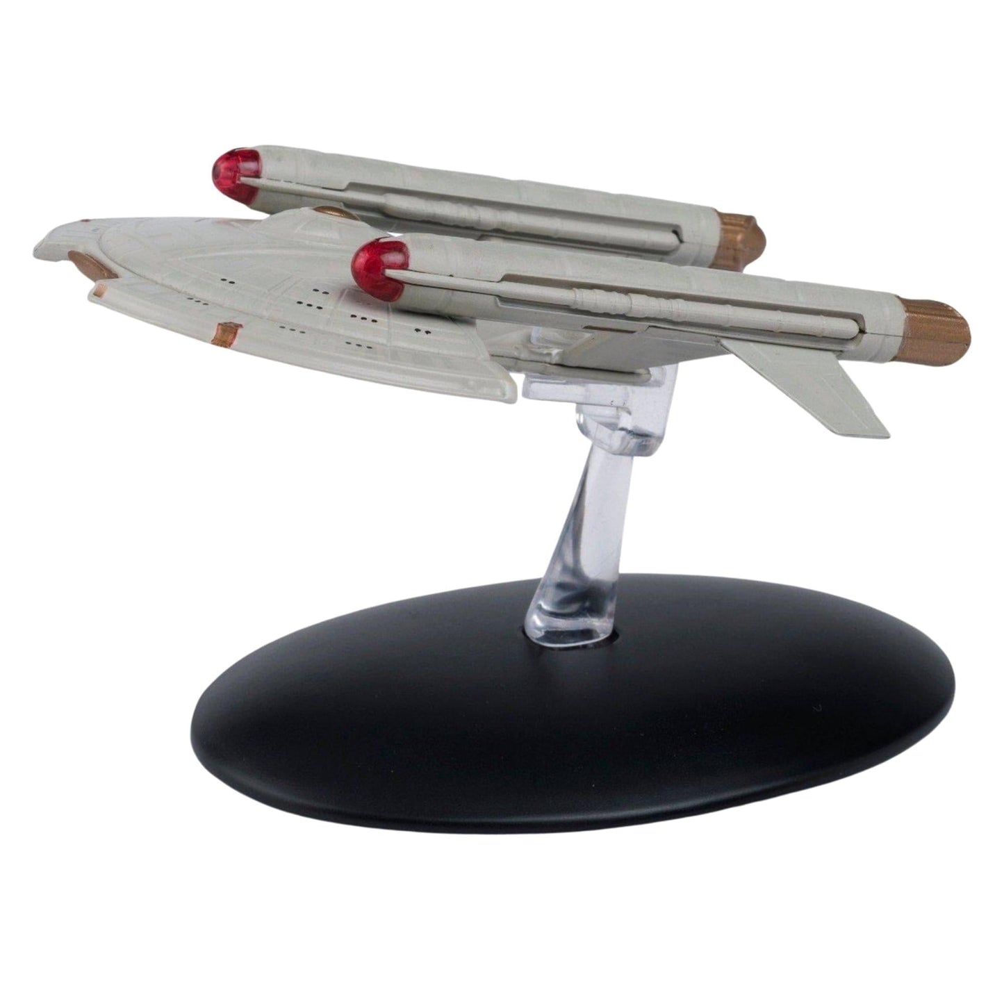 Top-down view of the Star Trek starship replica showing hull plating, registry markings, and warp nacelle alignment