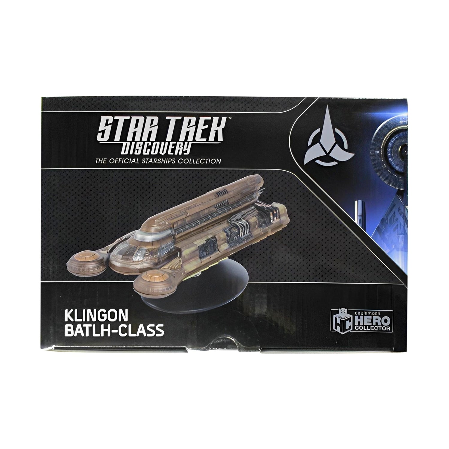 The Klingon Batlh Class starship replica mounted securely on its branded display stand