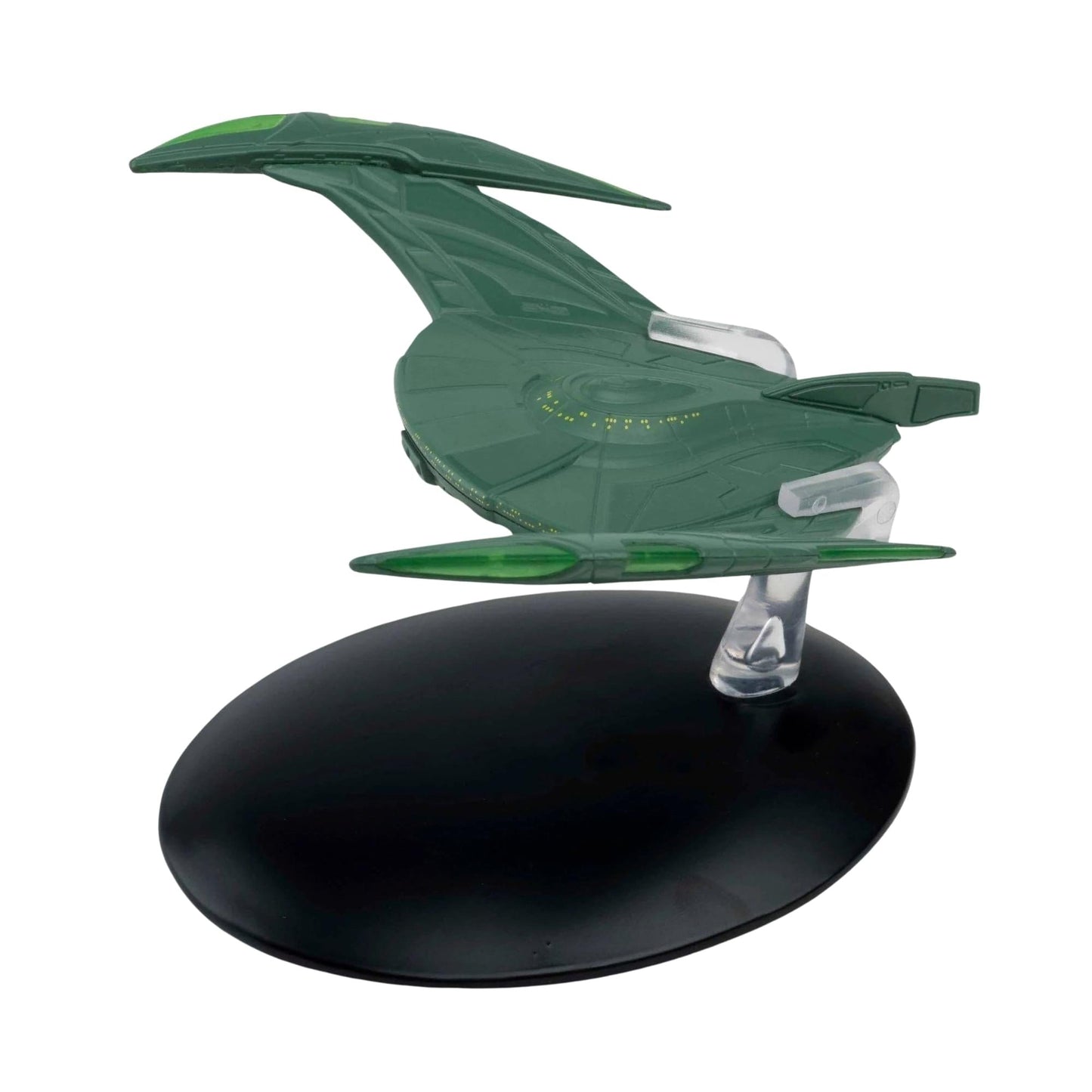 Front view of the Romulan Bird-of-Prey die-cast model showing its sweeping green wings and detailed hull plating