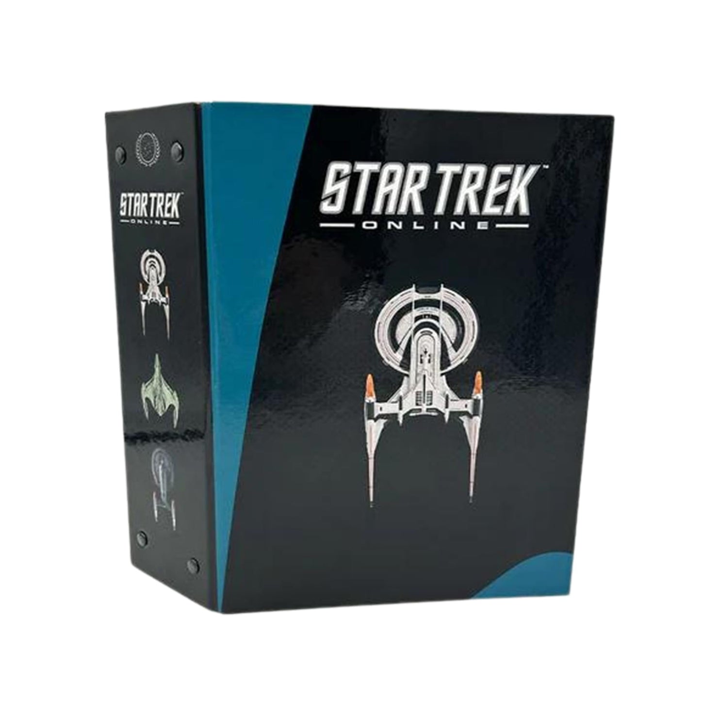 Open view of the binder showing interior storage rings designed for Star Trek magazines