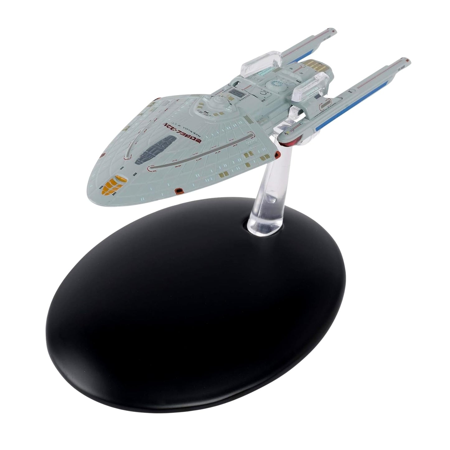 Three-quarter front view of the Sternbach Voyager Concept starship model mounted on a sleek black display base